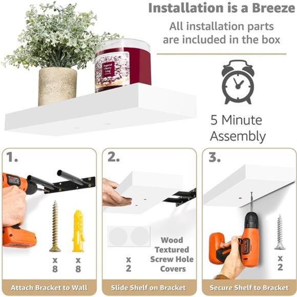 Floating Shelves for Wall - Set of 3 White Wood Wall Shelves for Living Room - Picture 4 of 5